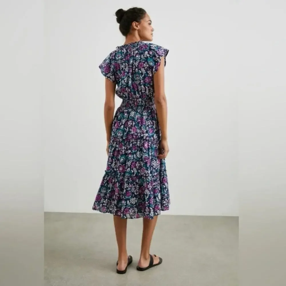 Rails Amellia Woodblock Floral Dress Size Small‎ MIDI Tiered Prairie Milk Maid